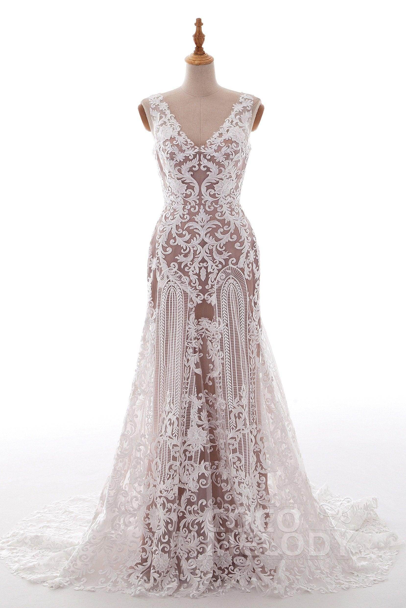 Fit-and-Flare Court Train Tulle Lace Wedding Dress LD4722 - COCOMELODY